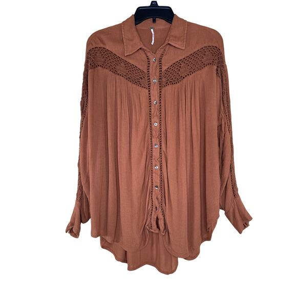 Free People Brown Tunic Shirt Small Boho Crochet Detail Oversized Fit Button Up - Picture 1 of 10